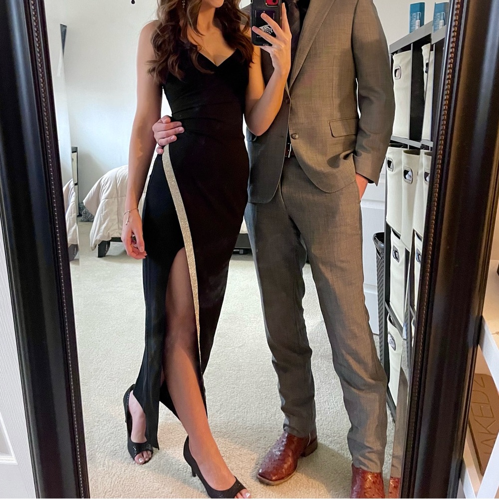 Black formal floor length split thigh sequin dress